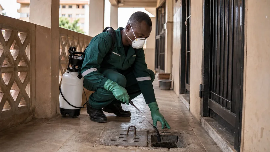 Technicien Sawara Entreprise traitant un régal d'assainissement dans un immeuble résidentiel à Dakar